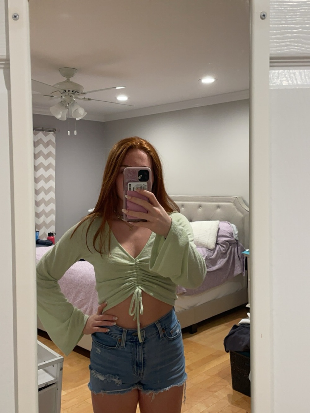 H&M Light Green Ruched V-Neck Crop Top